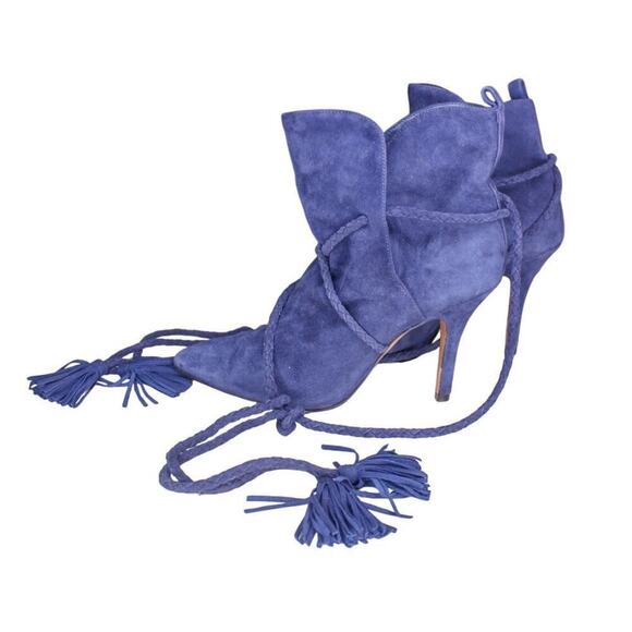 Schutz Fadhila Blue Suede High Heel Ankle Boots Pointed Toe Tassel Tie - Picture 2 of 5